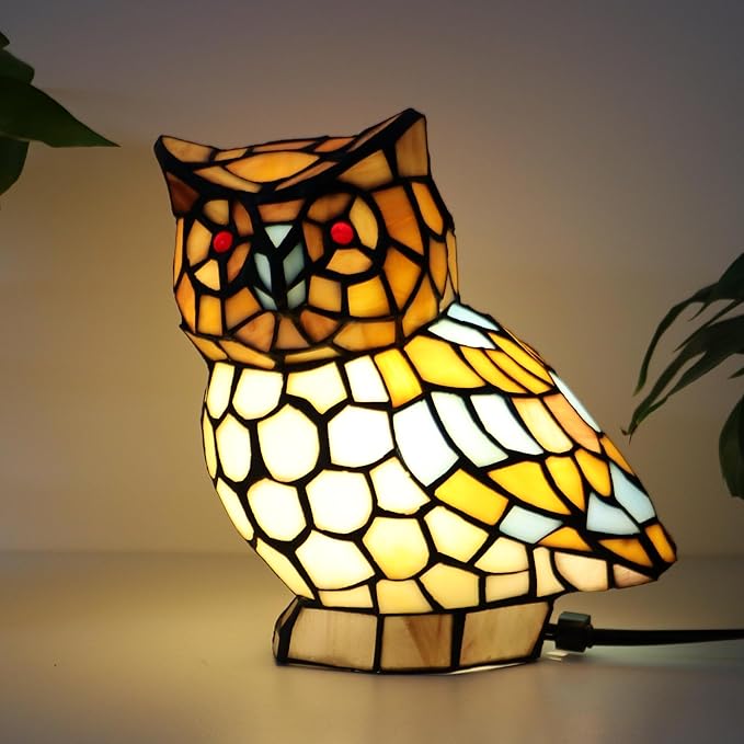 Tiffany Owl Lamp Yellow and White Stained Glass Animal Table Lamp Accent Lamp - Bloomnest