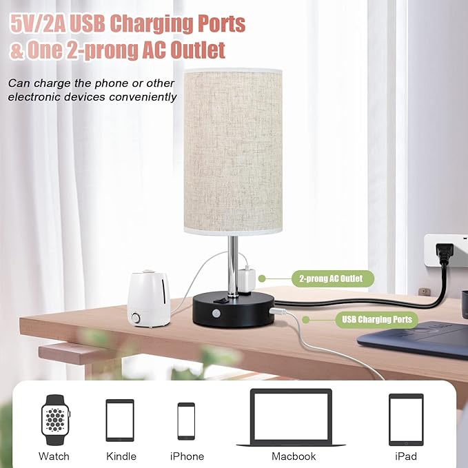 Table Lamp with Motion Sensor and Constant on Mode, USB Lamp Include Warm White Bulb, Built in USB Port & AC Outlet, Bedside Lamp Idea for Bedroom Retro Cream - Bloomnest