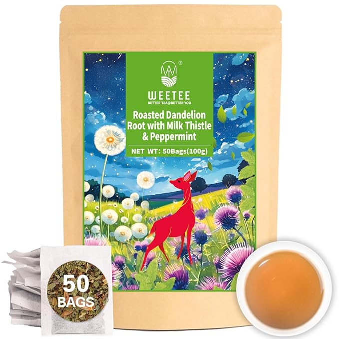 WT WEETEE Roasted Dandelion Root Tea with Milk Thistle and Peppermint, 50 Natural Caffeine-free Herbal Tea Bags for Liver Cleanse - Bloomnest