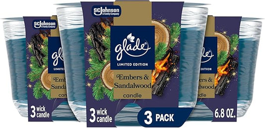 Glade 3-Wick Scented Candle Jar, Embers & Sandalwood, Air Freshener Infused with Essential Oils, 6.8 Oz, 3 Count - Bloomnest
