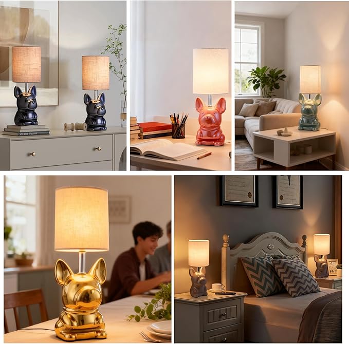 Set of 2 Ceramic Table Lamp, Puppy Shape Desk Lamp Cute Bedside Lamp for Nightstand, Living Room, Bedroom, Gifts for Kids Girls, 4W LED Bulb Included, Orange - Bloomnest