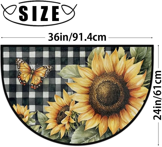 Half Round Door Mat, Butterfly Sunflowers Half Circle Rug for Home Decor Floor Indoor Outdoor Non-Slip Washable Floral Half Moon Rug Doormat 36X24 Inch - Bloomnest
