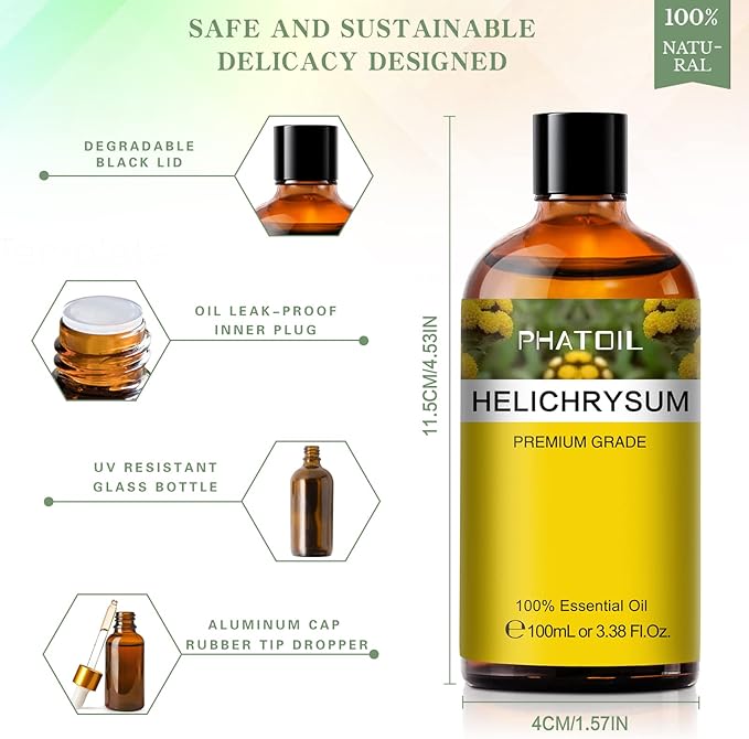 Helichrysum 3.38fl.oz Essential Oil, PHATOIL Pure Aromatherapy Oils for Diffuser, Humidifier, Perfect for DIY Soap, Candle, Bath Bombs Making(100ml) - Bloomnest