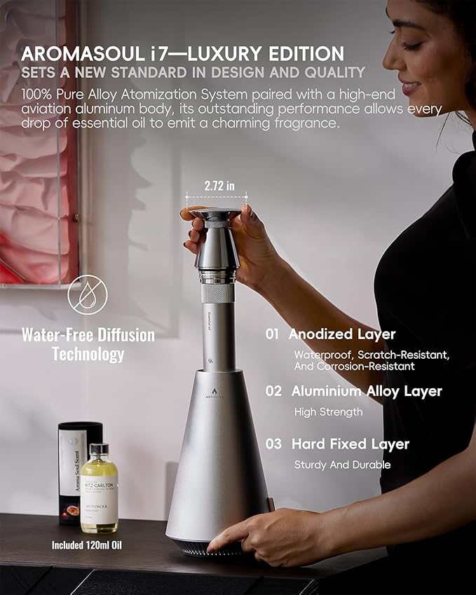Waterless Scent Diffuser Starter Kit - 1500 Sq Ft Coverage, Alloy Atomization System,Mood Light,Smart Rechargeable Hotel Scent Diffuser, Including 120ml Essential Oil, for Home,Large Room,Spa,Silver - Bloomnest