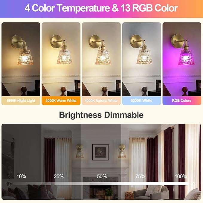 2 Pack Vintage Battery Operated Wall Sconces, Flower Amber Lampshade & 180 Degree Adjustable, Wireless Rechargeable RGB Wall Light with Remote Control, for Bedroom Living Room Hallway Aisle - Bloomnest