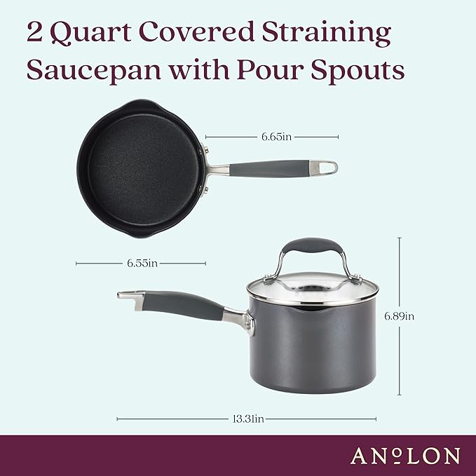 Anolon Advanced Home Hard Anodized Nonstick Sauce Pan/Saucepan with Straining and Lid, 2 Quart (2 Qt Straining Saucepan, Moonstone) - Bloomnest