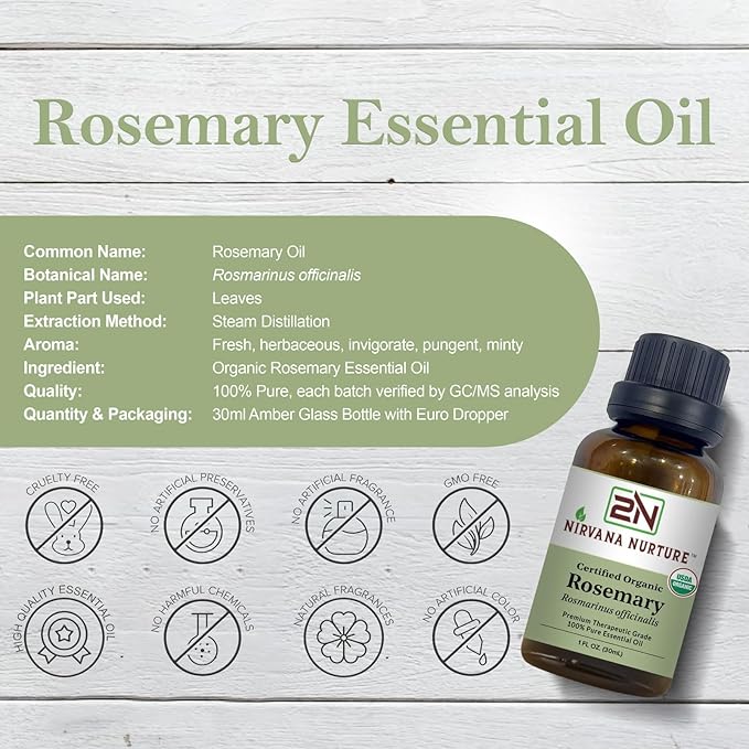 Rosemary Essential Oil, USDA Certified Organic, 100% Pure Undiluted, Aromatherapy Oil for Diffuser, Hair & Skin Care NirvanaNurture