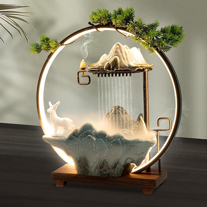 Ceramic Water Fountains Indoor Waterfall Relaxation Desktop Fountain Zen Meditation Rockery Tabletop Fountain Waterfall Feng Shui Water Fountain with Lights for Good Luck - Bloomnest