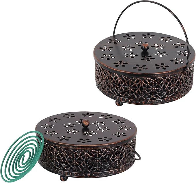 Portable Mosquito Coil Holder, hogardeck 6.3" Round Fireproof Metal Mosquito Incense Holder with Handle, Retro Hollow Incense Burner Yard Art for Garden, Lawn, Patio (Bronze, 2 Pack) - Bloomnest