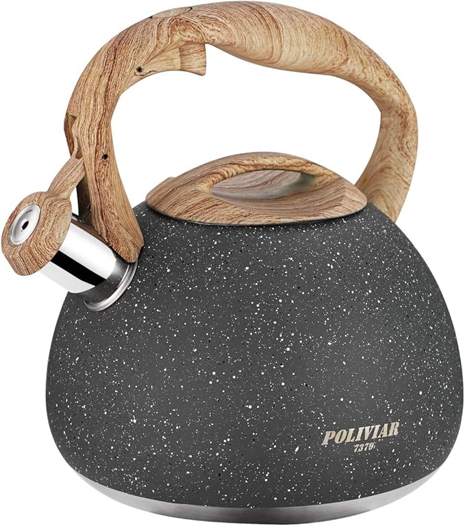 POLIVIAR Tea Kettle, 2.7 Quart Natural Stone Finish with Wood Pattern Handle Loud Whistle Food Grade Stainless Steel Teapot, Anti-Hot Handle and Anti-Rust, Suitable for All Heat Sources (JX2018-GR20) - Bloomnest
