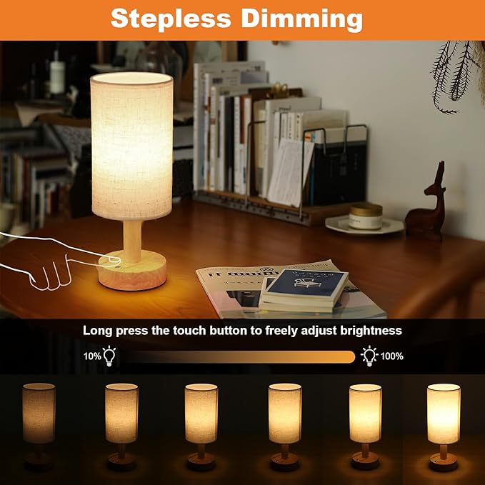 Rechargeable Cordless Touch Table Lamp with Stepless Dimming,Natural Wood Base&Linen Shade,Small Battery Wireless Ambient Night Light for Bedroom,Bedside,Nightstand,Nursery,Kitchen,Camping,Outdoor - Bloomnest