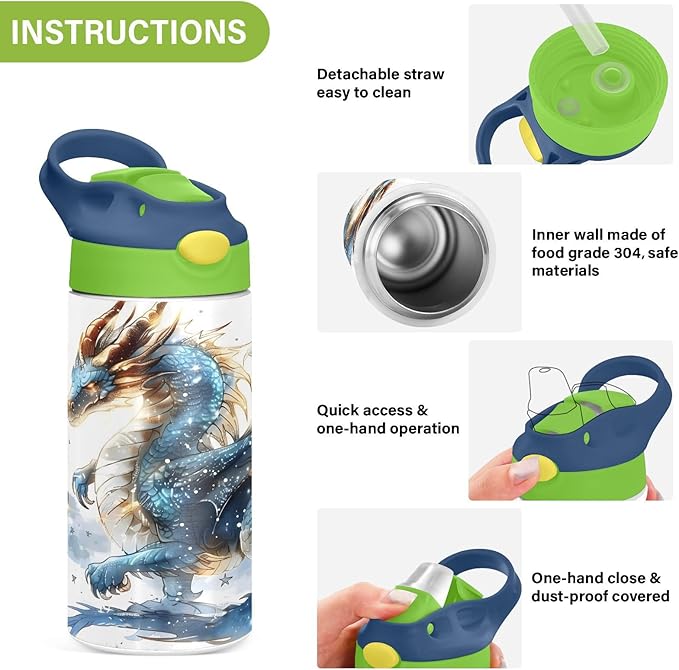 Dragon Water Fire Kids Water Bottle with Straw Lid Insulated Tumbler with Handle Stainless Steel Reusable Toddlers Cup for Kids Boys 12 oz - Bloomnest