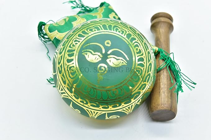 3.75" Tibetan Meditation Yoga Singing Bowl Green Set with free Wooden Mallet and Silk Cushion from Nepal, Singing bowls. (Green) - Bloomnest