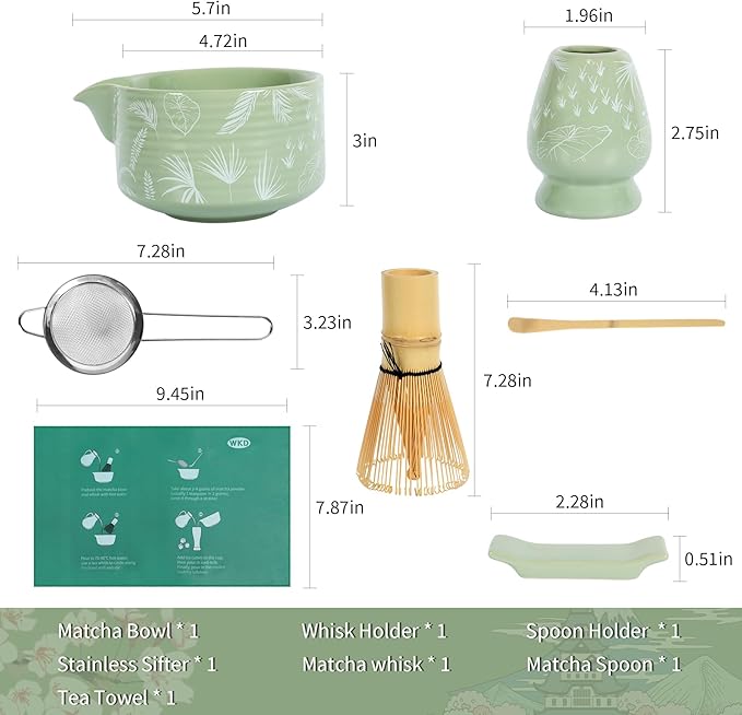 Matcha Bowl and Whisk Set, Ceramic Matcha Set Includes Matcha Bowl with Spout, Whisk & Holder, Bamboo Scoop, Stainless Sifter, Towel, Matcha Kit Making Tools,Light Green,7 PCS - Bloomnest