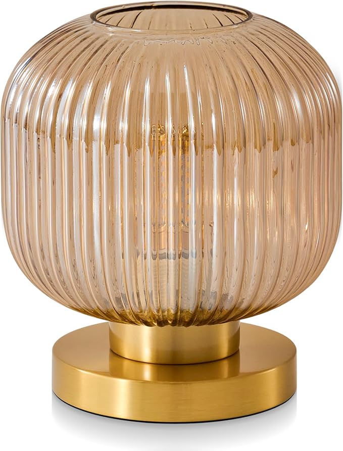 Small Amber Glass Table Lamp: Mid Century Modern Dimmable Nightstand Lamps - Vintage Decor Brass Desk Lamp with Plug - Ribbed Glass Bedside Tables Lamps for Bedroom Living Room Office Bulb Excluded - Bloomnest
