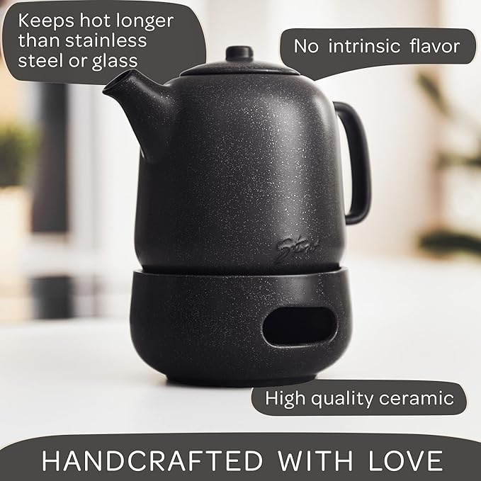 Steinzeit Design Tea Pot with Warmer (44 oz) - Premium Ceramic Teapot with Infuser for Loose Tea - Black Teapot Ceramic with Removable Steamer - Bloomnest