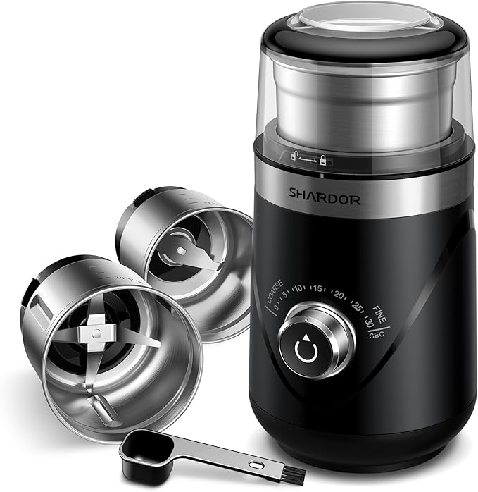 SHARDOR Electric Super Silent Blade Coffee Grinder, Timed Grind Control Rotary Knob, Adjustable Coarse to Fine for Coffee Beans, Spices & Herbs, with 2 Removable Stainless Steel Bowl, Black - Bloomnest