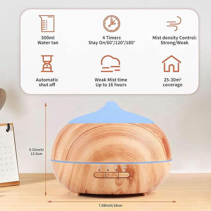 HAPPTWS 500ML Essential Oil Diffuser - BPA Free Ultrasonic Aromatherapy Diffuser, with 7-Color Lights - Waterless Auto Shut Off - Yellow HAPPTWS