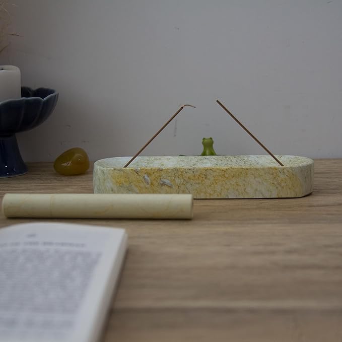 Marble-Patterned Concrete Incense Holder, with A Box of Jasmine Incense, 7.1 Inch Catches Falling Incense Ash, A Poetic and Artistic Gift for Yoga＆Meditation(GreenYellow) - Bloomnest