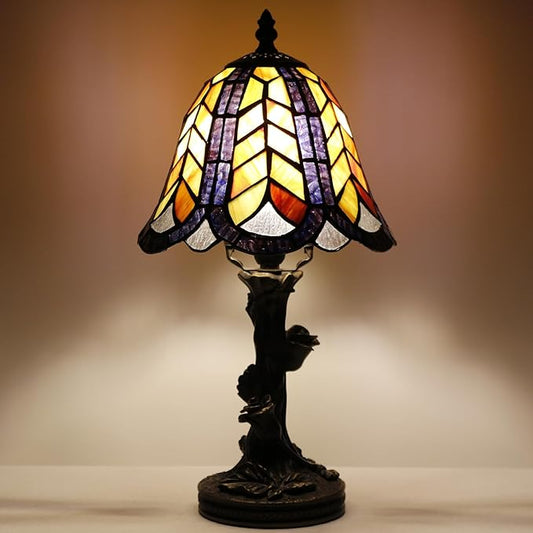 Small Tiffany Lamp Mini Purple Maple Leaf Stained Glass Table Lamp Desk Light 8X8X15.5 Inches with Resin Flower Bas - Bloomnest