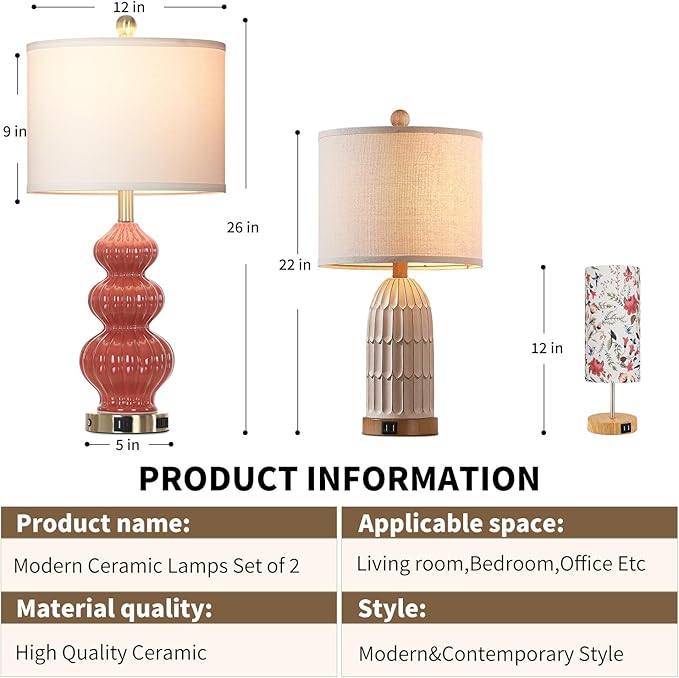 26" Triple Gourd Ceramic Table Lamps Set of 2,Modern Orange Bedside Lamps USB A+C Ports & AC Outlet -Ceramic Nightstand Lamps for Bedroom, 3 Way Touch Control Contemporary Living Room End Tables - Bloomnest