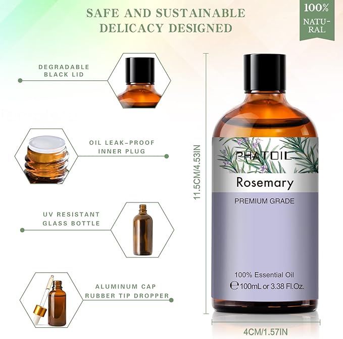 PHATOIL 3.38FL.OZ Rosemary Essential Oil, for Aromatherapy Diffusers, Humidifiers, Great for DIY Candle and Soap Making, Huge 100ML Bottle PHATOIL
