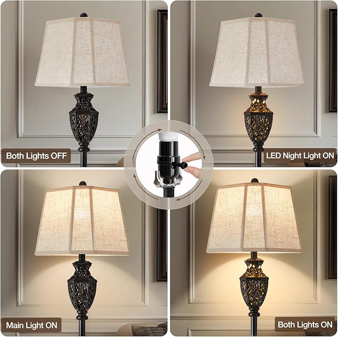 Luvkczc Vintage Black Floor Lamp - Hand-Painted Gold Resin with 6-Sided Carved Hollow Nightlight, Traditional Standing Lamp for Living Room, Bedroom, Study (Bulb Included) - Bloomnest