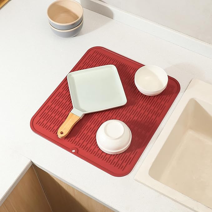 Silicone Dish Drying Mat for Multiple Usage,Easy clean,Eco-friendly,Heat-resistant Silicone Mat for Kitchen Counter or Sink,Refrigerator or Drawer Liner Red 2XL 24 inches x 18 inches - Bloomnest