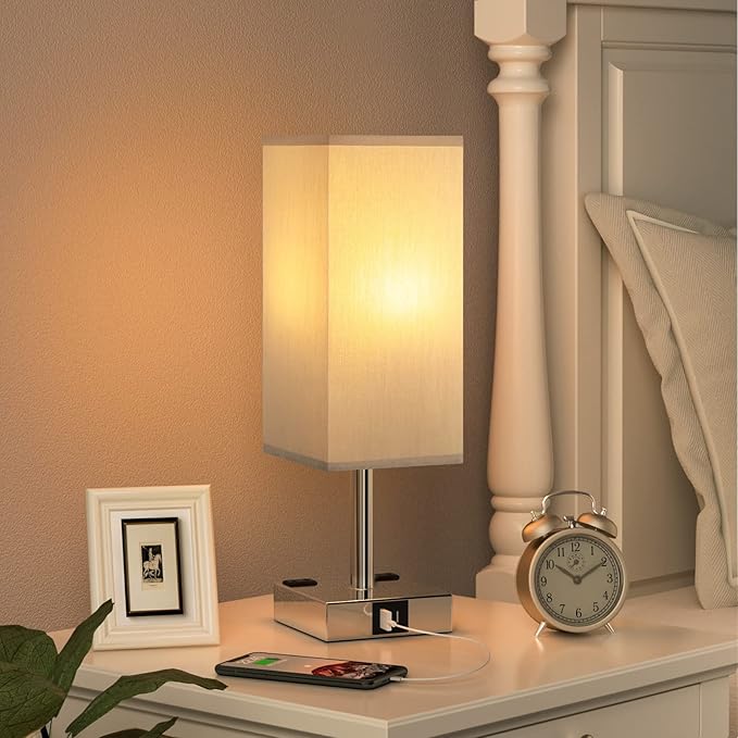 【Upgraded】Bedside Table Lamp Touch Control, with USB C+A Charging Ports & Dual AC Outlets, 3-Way Nightstand Lamp for Bedroom with LampShade Living Room Office(LED Dimmable Bulb Included) - Bloomnest