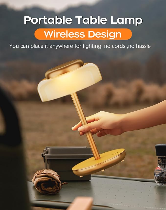 QiMH Battery Operated LED Table Lamp, 5000mAh Rechargeable Cordless Lamp, Stepless Dimmable Touch Control, Small Waterproof Desk Night Light for Living Room, Bedroom, Outdoor Bar (Gold) - Bloomnest