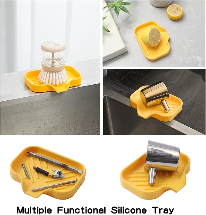 Silicone Bathroom Soap Dishes with Drain Spout-Bathroom and Kitchen Sink Organizer,Sponge Holder,Dish Soap Tray,Perfect for Dispenser,Scrubber,Bottle,Cup on Sink or Counter-Yellow 4.9"×3.2" - Bloomnest