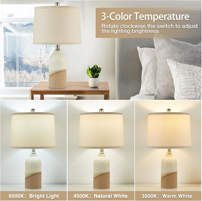 Luvkczc Ceramic Table Lamps Set of 2, 3-Color Temperature Adjustable Bedside Lamps with Line Lampshade, Nightstand Lamps for Bedroom, Living Room, Entryway Home Decor, Modern Table Lamps - Bloomnest