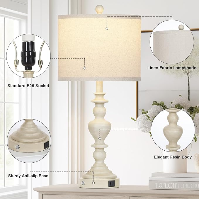 27" Farmhouse Table Lamps Set of 2, Vintage Bedside Lamps with USB A+C Charging Ports, 3-Way Dimmable Touch Control Traditional Nightstand Lamp for Living Room Beige (Bulbs Included) - Bloomnest
