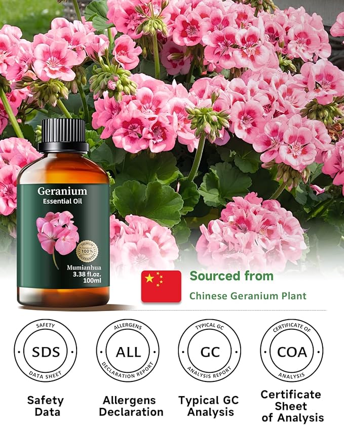 Pure Geranium Essential Oil, Mumianhua Natural Rose Geranium Oil for Reed Diffuser, Air Freshener, Massages,Relaxation, Garden Freshness, Outdoor Ambiance, Skin, Hair, Soap, Candles Making 3.38 Fl oz - Bloomnest