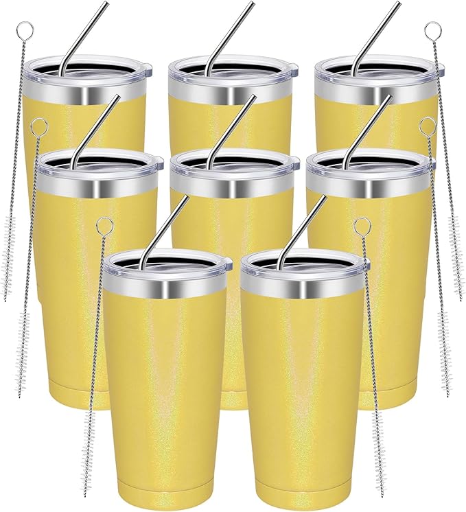 MEWAY 20oz Tumbler 8 Pack Double Wall Vacuum Insulated Travel Glitter Mug Bulk, Stainless Steel Tumblers with Lid and Straw,Powder Coated Coffee Cups for Woman(Rainbow Yellow,Set of 8) - Bloomnest