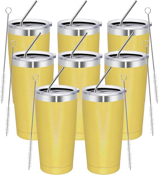MEWAY 20oz Tumbler 8 Pack Double Wall Vacuum Insulated Travel Glitter Mug Bulk, Stainless Steel Tumblers with Lid and Straw,Powder Coated Coffee Cups for Woman(Rainbow Yellow,Set of 8) - Bloomnest