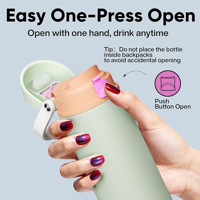 Insulated Water Bottle with Straw - Encool Stainless Steel Water Bottle with Push Button Lid, Leak-Proof & BPA-Free, Keeps Cold for 24 Hours for Sports, Travel, Gym (18 oz, Geyser Green) ENCOOL