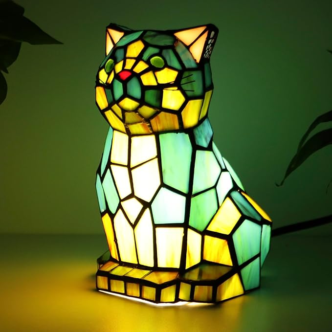 Tiffany Cat Lamp Blue and Green Stained Glass Animal Table Lamp Accent Lamp - Bloomnest