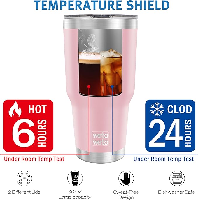 WETOWETO 30oz Tumbler, Stainless Steel Vacuum Insulated Water Coffee Tumbler Cup, Double Wall Powder Coated Spill-Proof Travel Mug Thermal Cup for Home Outdoor (Ice Pink, 1 Pack)