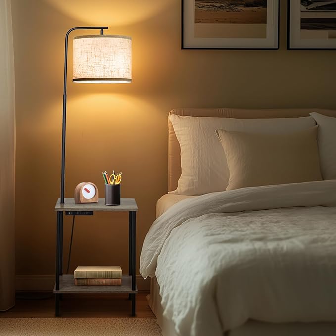 Floor Lamp with Table, End Table Lamp with USB Charging Port Power Outlet and Shelves, Side Table Reading Light with 3 Color Temperature Led Bulb Included, Floor Lamps for Living Room, Gray - Bloomnest