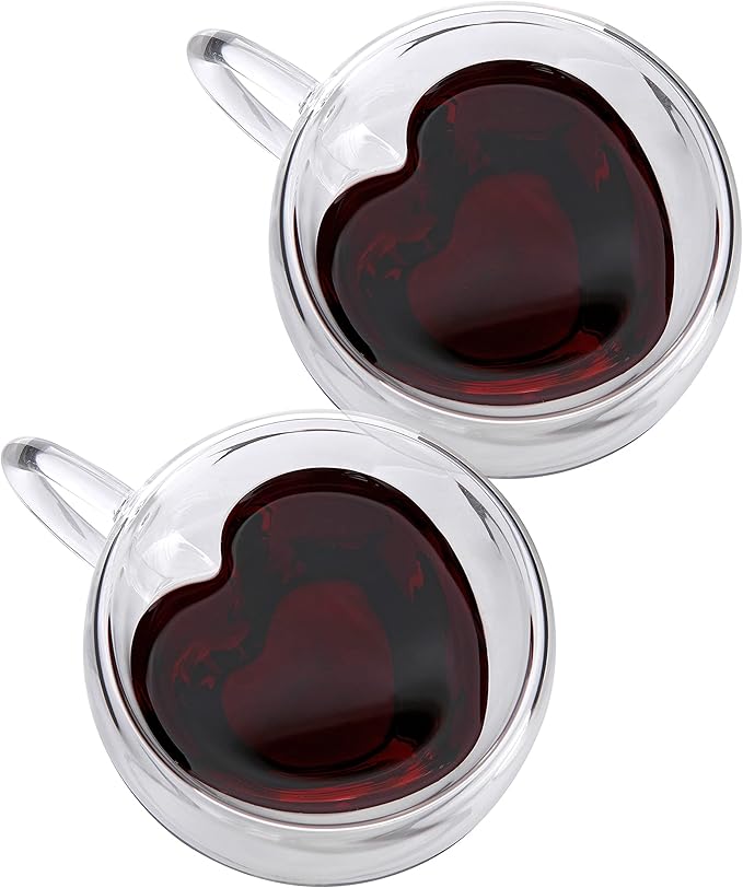 CNGLASS Mothers Day Gifts for Mom,Double Wall Heart Shaped Glass Coffee Mugs 5oz(Set of 2),Insulated Clear Tea Cups with Handle,Unique Glass Espresso Mugs for Coffee,Cappuccino,Latte,Milk - Bloomnest