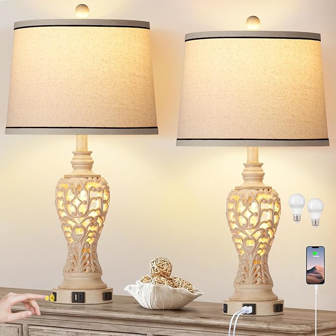 Table Lamps Set of 2, Farmhouse Table Lamps with Nightlight, Rustic Bedside Lamps with Dual USB & AC Outlet, 25.2'' Beige Vintage Nightstand Lamps for Bedroom Living Room, Bulbs Included - Bloomnest