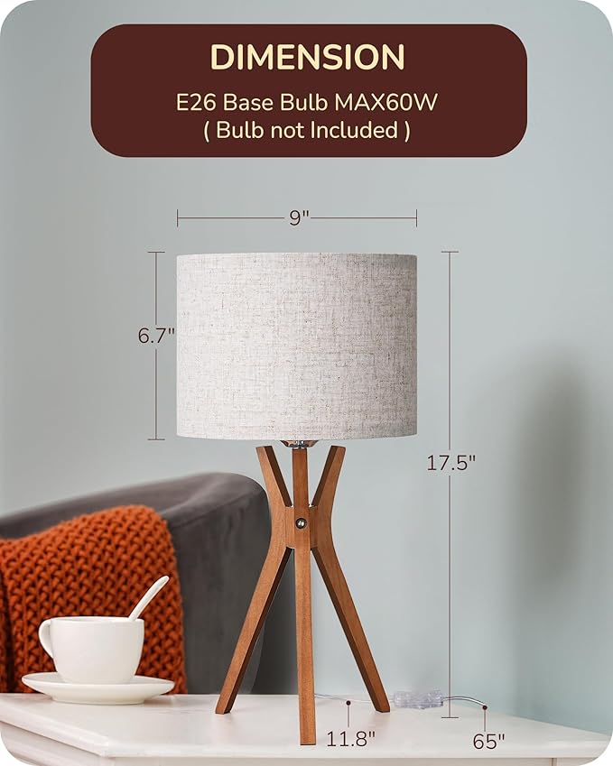 EDISHINE Mid Century Table Lamp, 17.5" Tripod Bedside Lamp with Deep Wood Color Light Base & Beige Linen Lampshade, Nightstand Lamp for Bedroom, Living Room, Reading Room, E26 Base - Bloomnest