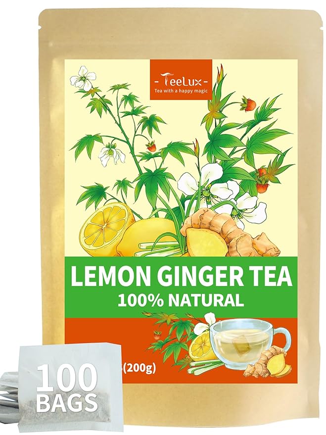 TeeLux Lemon Ginger Herbal Tea, Refreshing Lemon with Spicy Ginger Root & Zesty Lemongrass, Caffeine Free, Soothing & Tangy Flavor, 100 Tea Bags - Bloomnest