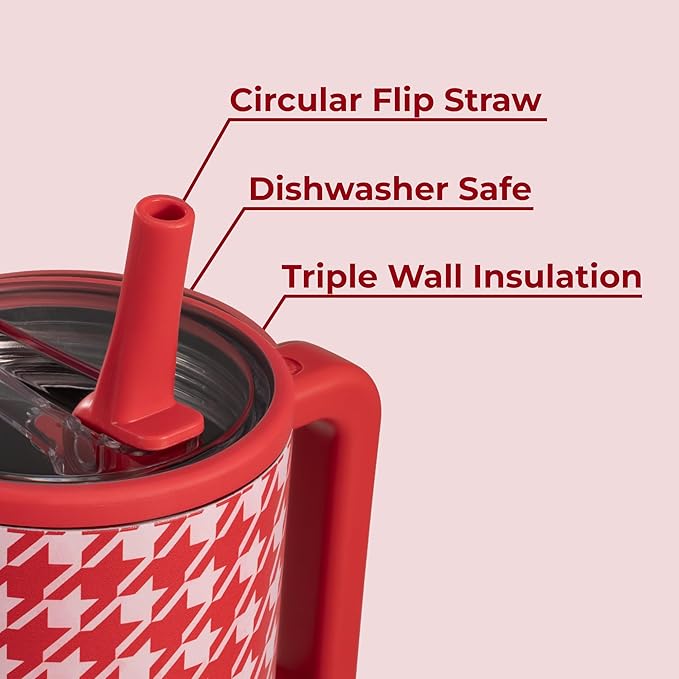 HydroJug Traveler - 40 oz Water Bottle with Handle & Flip Straw - Fits in Cup Holder, Leak Resistant Tumbler-Reusable Insulated Stainless Steel & Rubber Base - Gifts for Women & Men, Halle Houndstooth Hydrojug