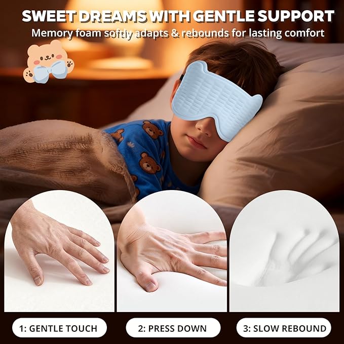 3D Kids Sleep Mask – Cute Bear Eye Mask for Sleeping, Comfortable Memory Foam Sleep Mask for Kids, Adjustable Strap and Lightweight Sleeping Mask for Boys Girls Teens Ages 5-15 (Blue) - Bloomnest