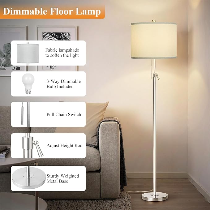 Brushed Nickel Floor Lamp for Living Room, Adjustable Height Standing Lamp with Metal Base, Tall Pole Light with Grey Shade for Bedroom, 8W 4000K 3-Way LED Bulb Included (Brushed Nickel, Grey Shade) - Bloomnest
