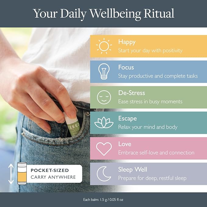 Scentered Aromatherapy Gift Set, Mini Roll On Essential Oil Balms for Sleep, Focus, Stress-Relief, Calm, Mood Boost - Set of 6 Premium Blends - Aromatherapy Gifts for Women