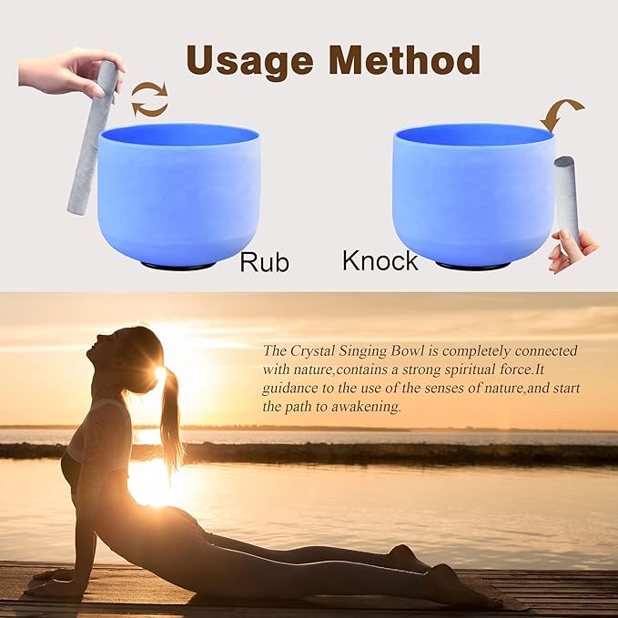 RYAN DVAN 8” G Note Blue Frosted Throat Chakra Crystal Singing Bowl with Free Heavy-Duty Carrying Case and Suede Striker O-Ring - Bloomnest