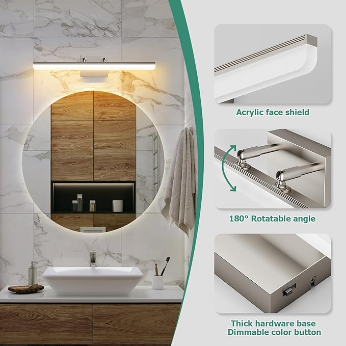Brushed Nickel Vanity Light 24", 5CCT Dimmable LED Bathroom Light Bar, 18W Wall Mount Fixture with Adjustable Angle & ETL Driver – Modern Lighting for Bathroom, Powder Room, Bedroom - Bloomnest